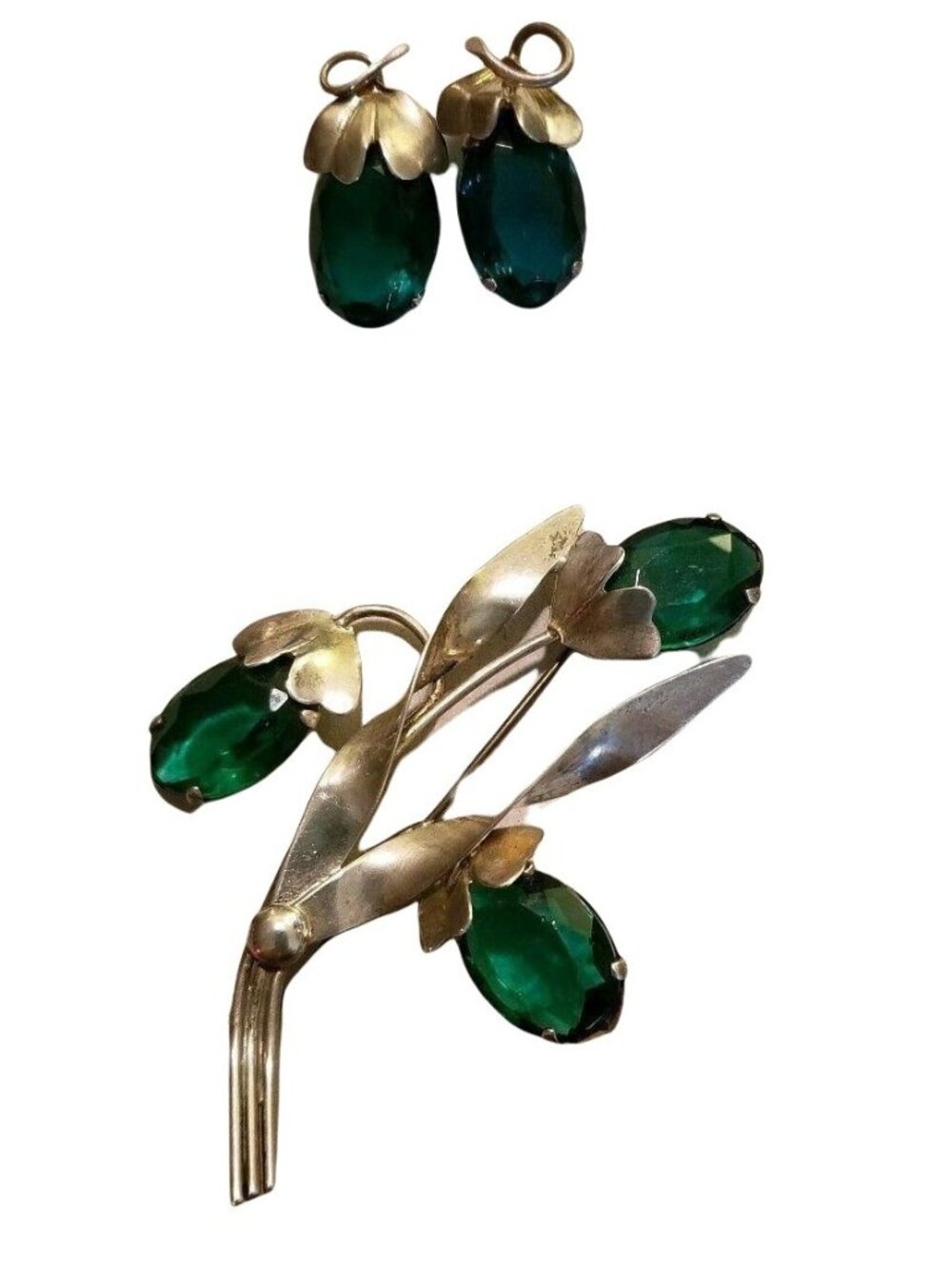 Vintage Sterling Silver Green Stone Floral Brooch Pin and Earring Set  JS6